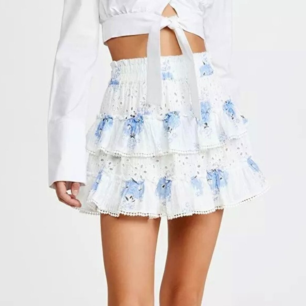 Love Shack Fancy Bliss Floral Eyelet Tiered Pull On Mini Skirt White Size XS